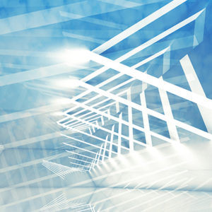 Abstract digital background with stripes of shining lights over blue cloudy sky, 3d illustration