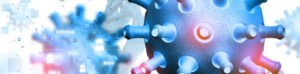Coronavirus light blue with terms in background including corona-CDC-RNA-Virus