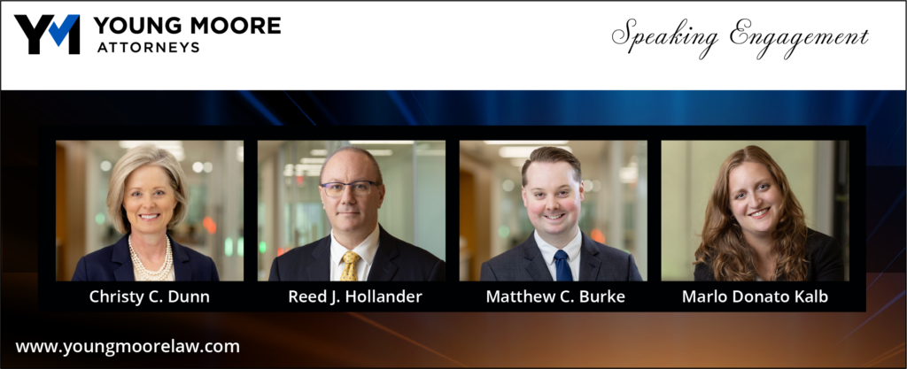 Attorneys Christy Dunn, Reed Hollander, Matthew Burke, and Marlo Donato Kalb all of whom presented at the Financial Executives Networking Group sponsored by Young Moore. 